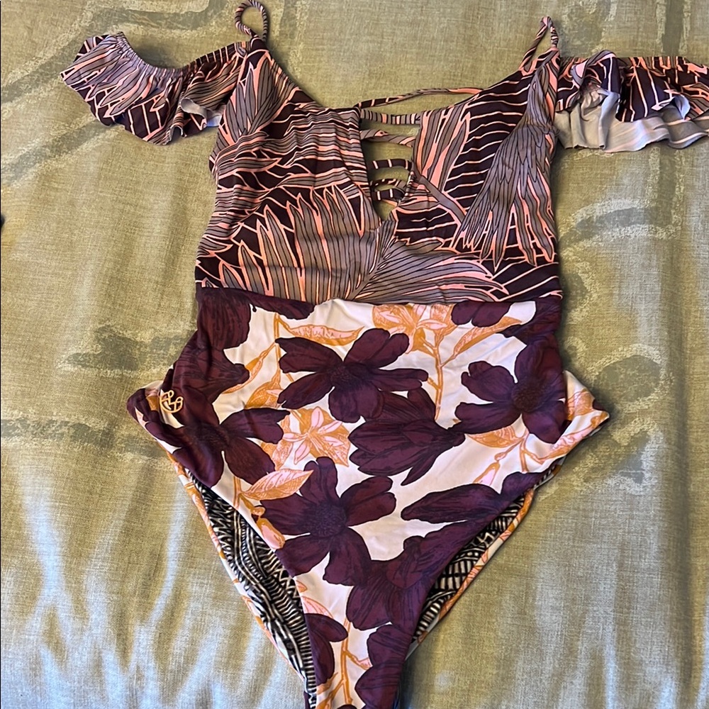 Reversible floral and tribal print swimsuit Sz L